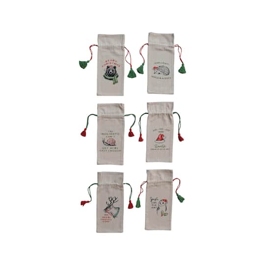Hello Honey® 14" Cotton Chambray Printed Drawstring Wine Bag Set